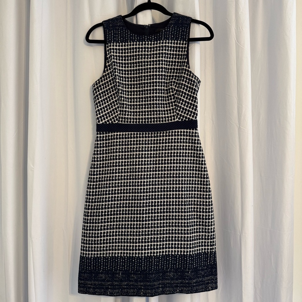 J.Crew Tweed Sheath Dress Womens 4 Navy White Cotton Sleeveless Work Career